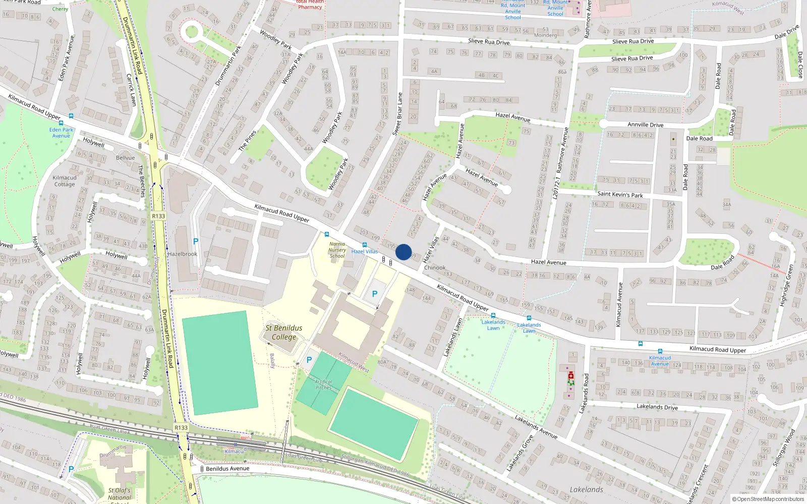 Overhead map showing the location of 191 Kilmacud Road Upper, Stillorgan, Dublin