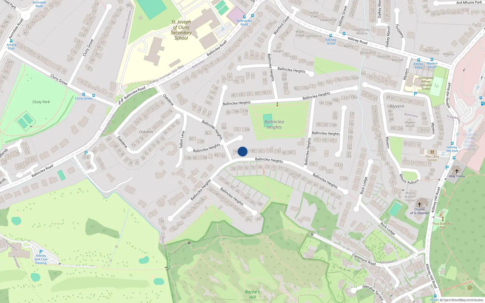 Overhead map showing the location of 192 Ballinclea Heights, Killiney, Dublin
