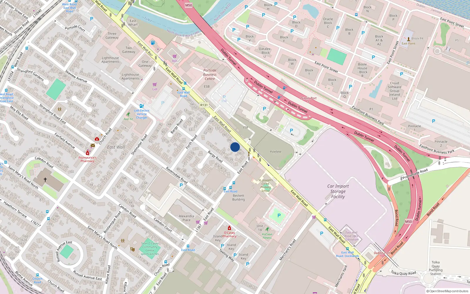 Overhead map showing the location of 194 East Wall Road, Dublin 3
