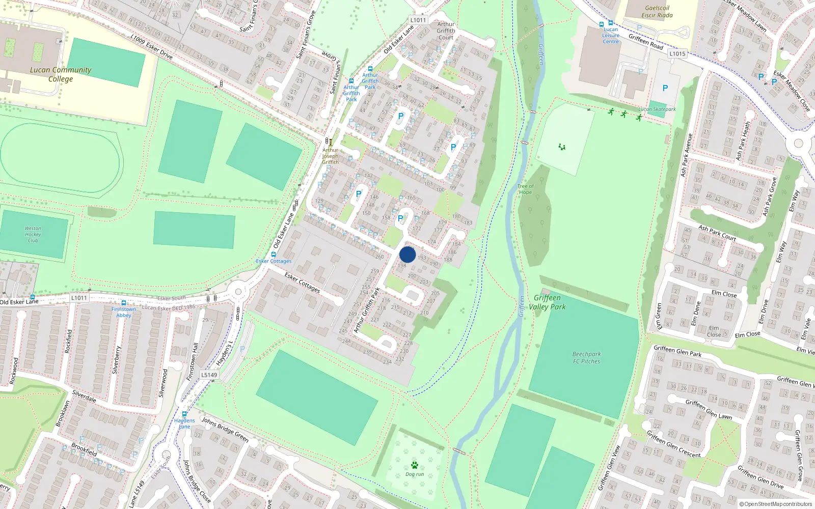 Overhead map showing the location of 195 Arthur Griffith Park, Lucan, Dublin