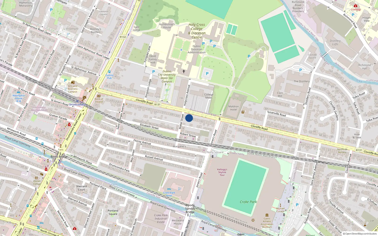 Overhead map showing the location of 195 Clonliffe Road, Drumcondra, Dublin 3