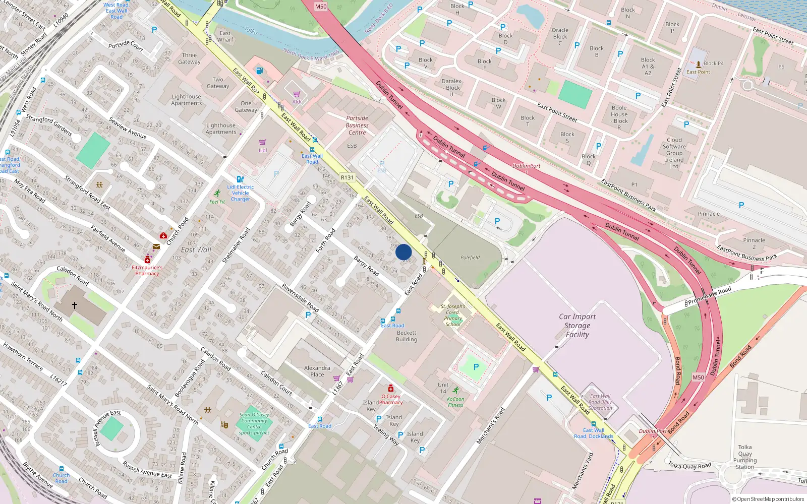 Overhead map showing the location of 196 East Wall Road, Dublin 3
