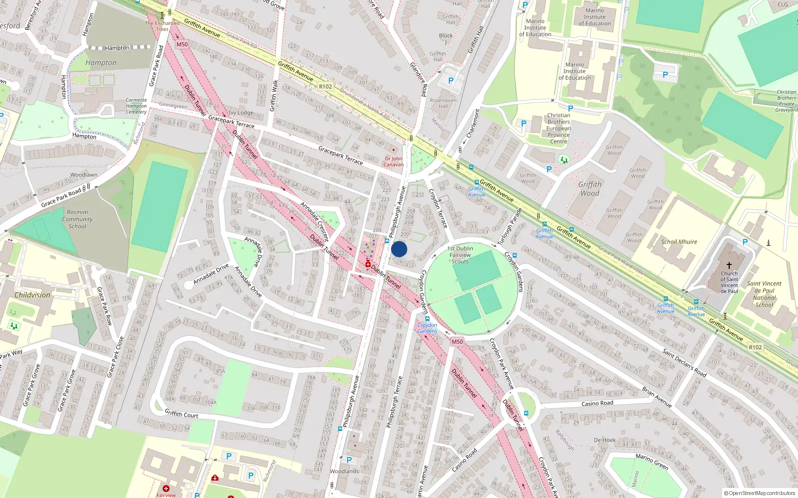 Overhead map showing the location of 196 Philipsburgh Avenue, Fairview, Dublin 3