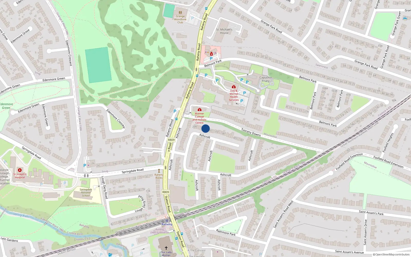 Overhead map showing the location of 197 Ashcroft, Dublin 5