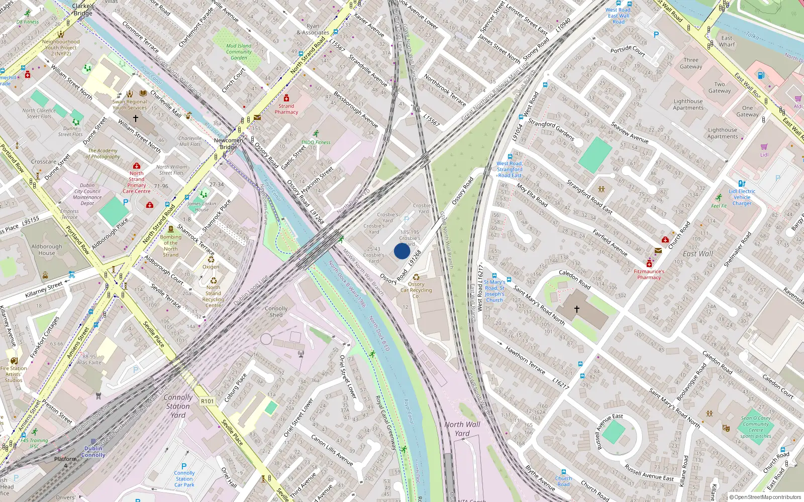 Overhead map showing the location of 197 Crosbies Yard, Ossory Road, Dublin 3