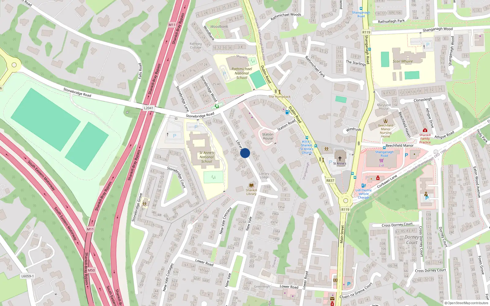 Overhead map showing the location of 197 Library Road, Shankill