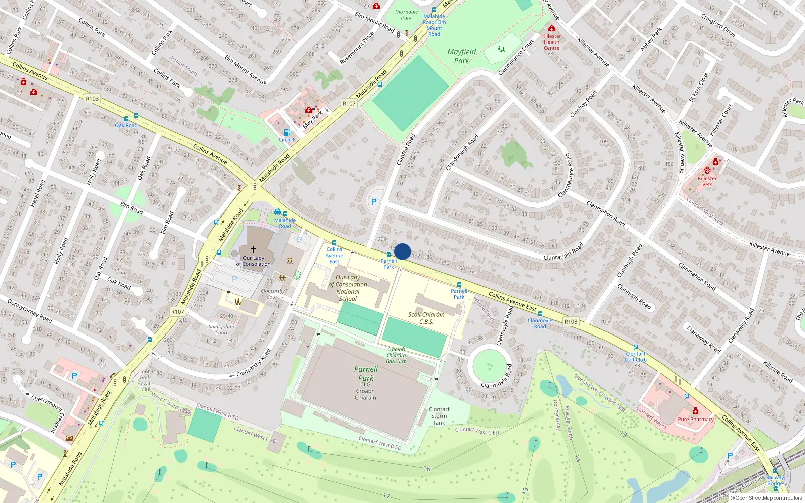 Overhead map showing the location of 198 Collins Avenue East, Donnycarney, Dublin 5