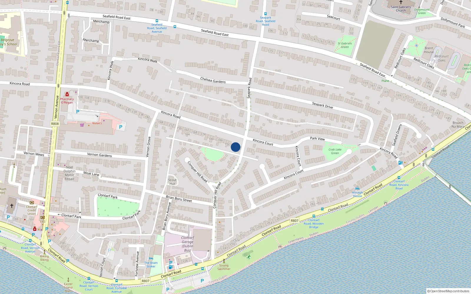 Overhead map showing the location of 198 Kincora Road, Clontarf, Dublin 3