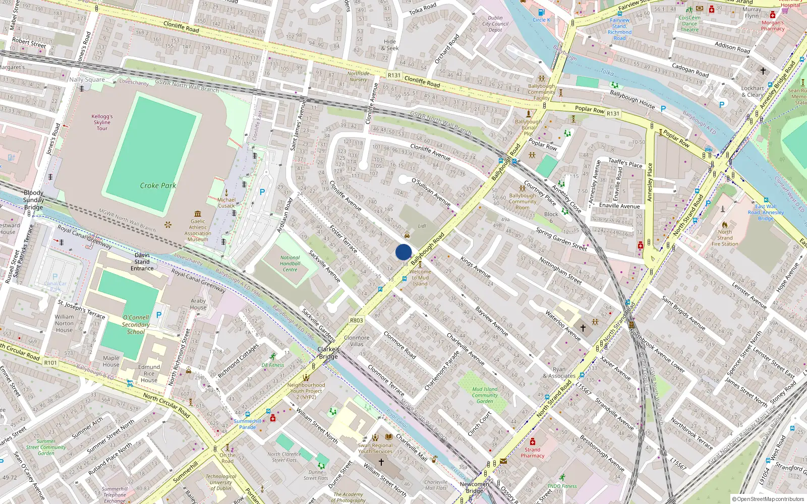 Overhead map showing the location of 19A Ballybough Road, Dublin 3, Dublin