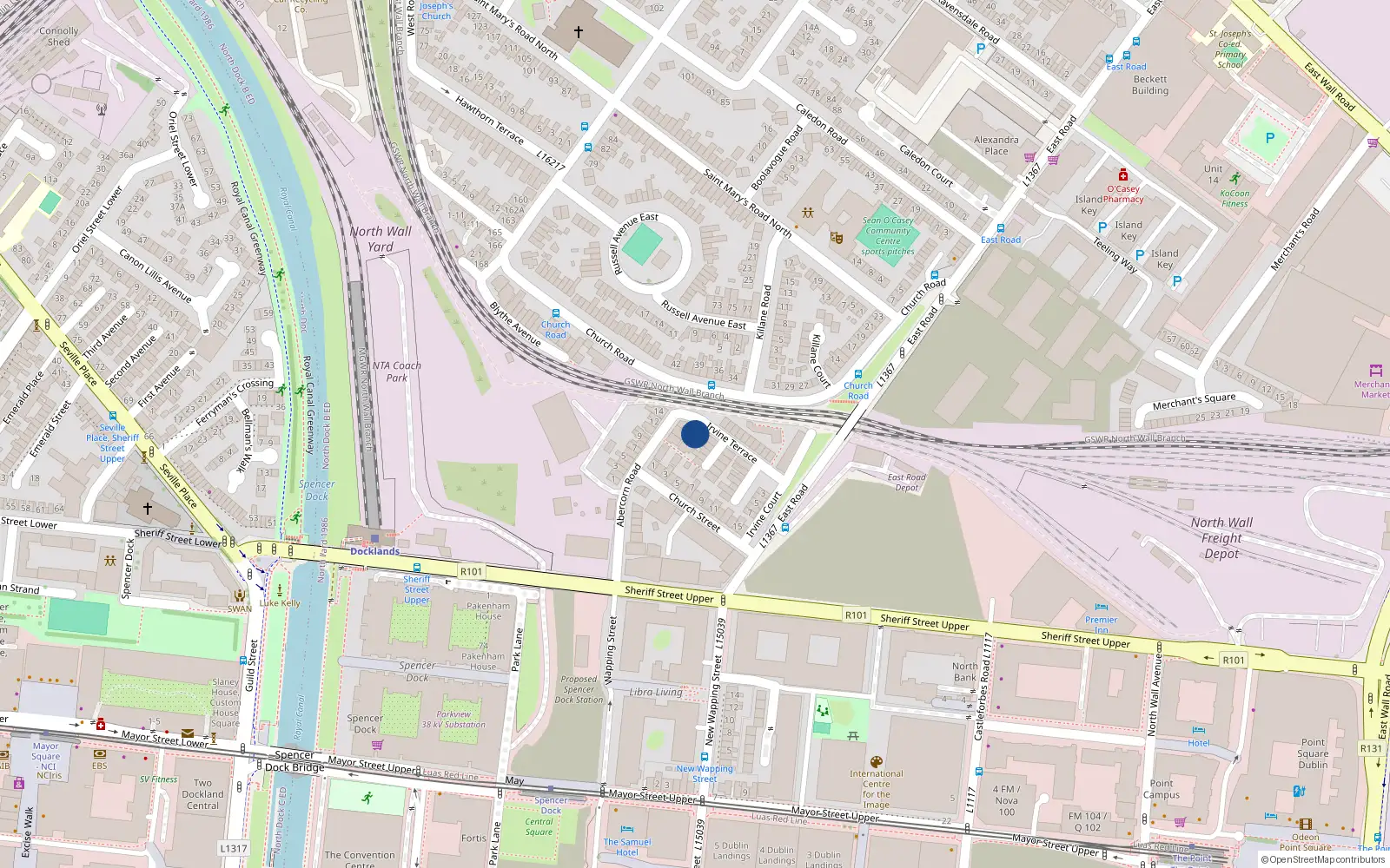 Overhead map showing the location of 1A Church Row, Irvine Terrace, East Wall Dublin 3
