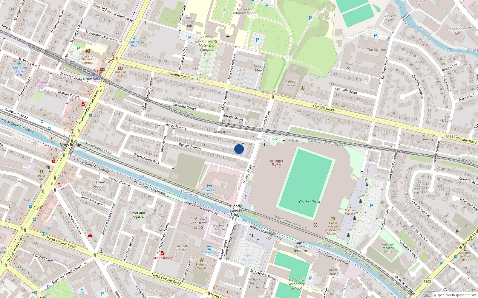 Overhead map showing the location of 1A Fitzroy Avenue, Dublin 3