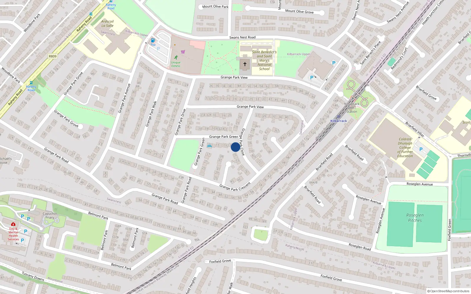 Overhead map showing the location of 1A Grange Park Green, Raheny, Dublin 5