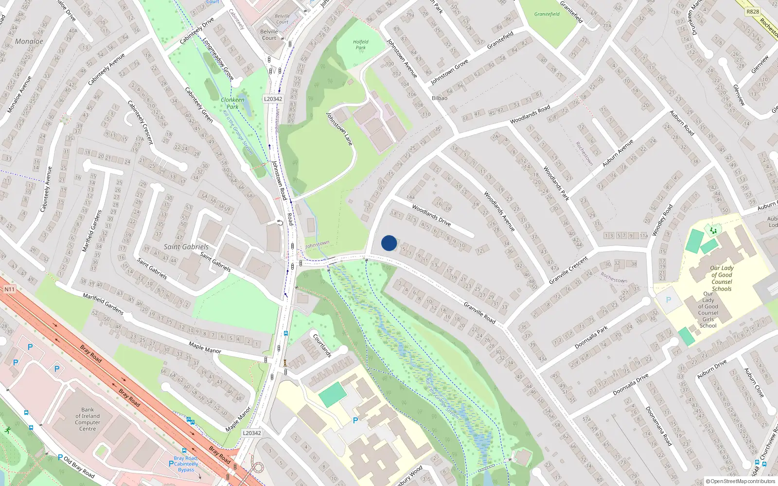 Overhead map showing the location of 1 Granville Road, Dublin