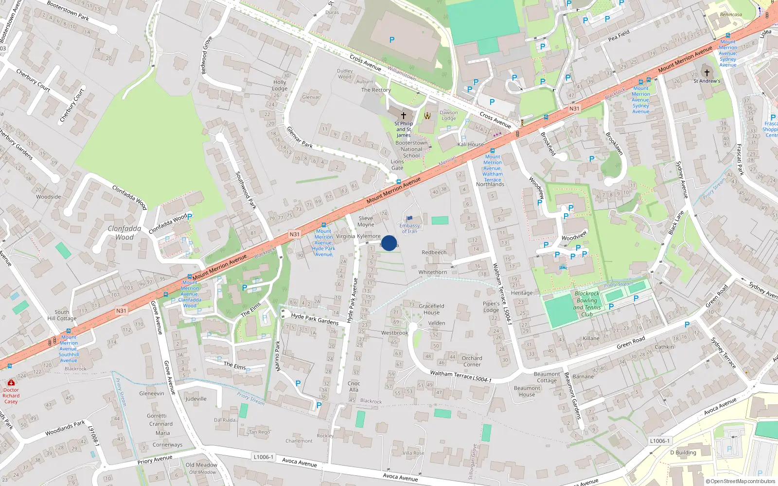 Overhead map showing the location of 1A Hyde Park Avenue, Blackrock
