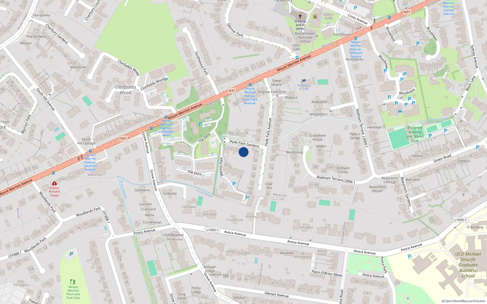 Overhead map showing the location of 1A Hyde Park Gardens, Blackrock