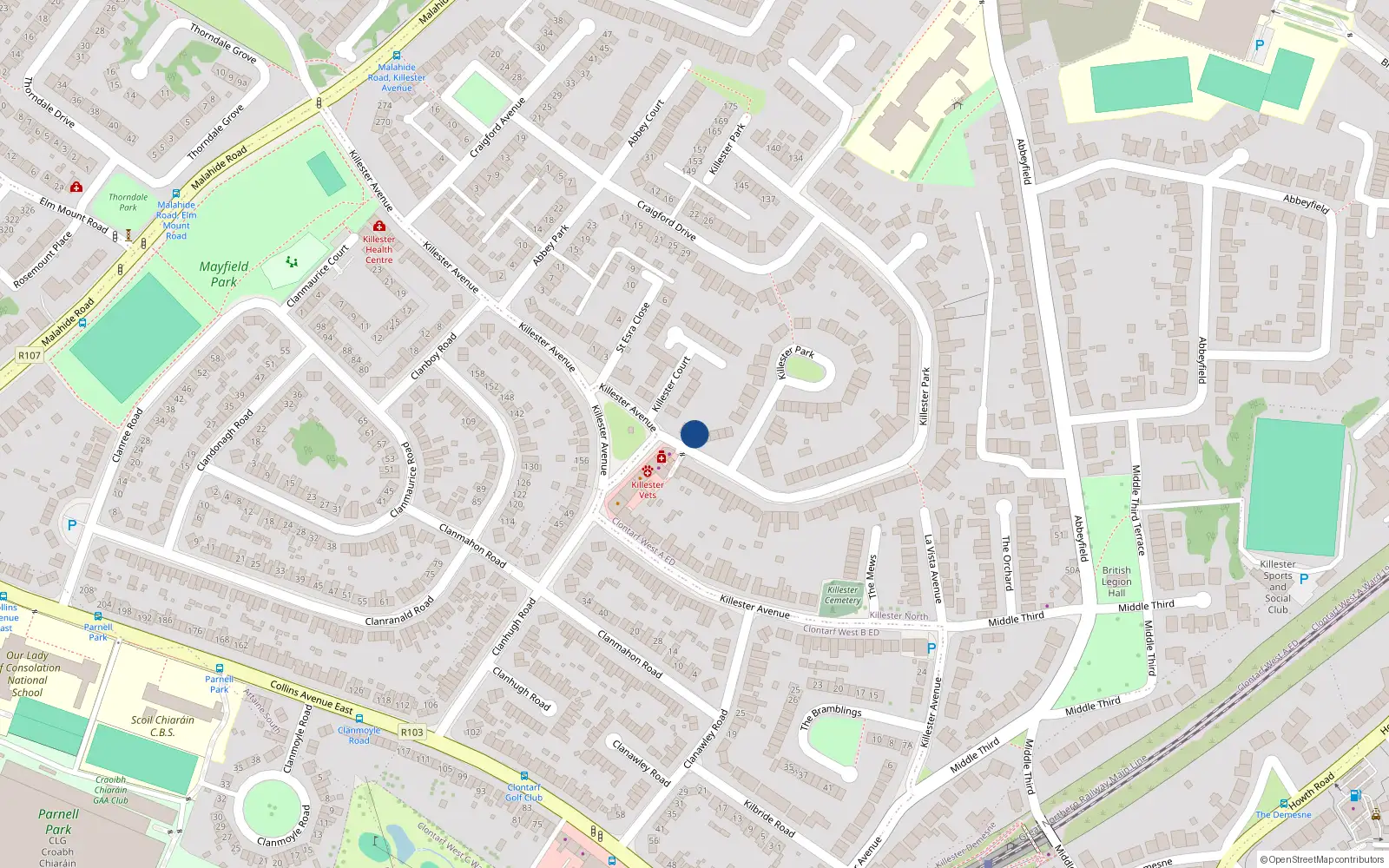 Overhead map showing the location of 1a Killester Park, Dublin 5