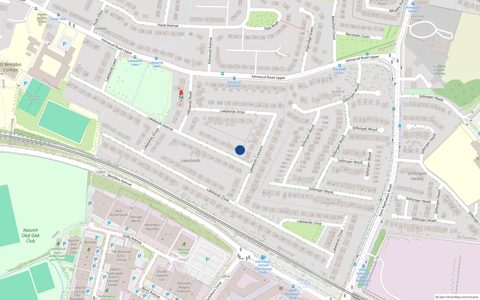 Overhead map showing the location of 1A Lakelands Avenue, Blackrock