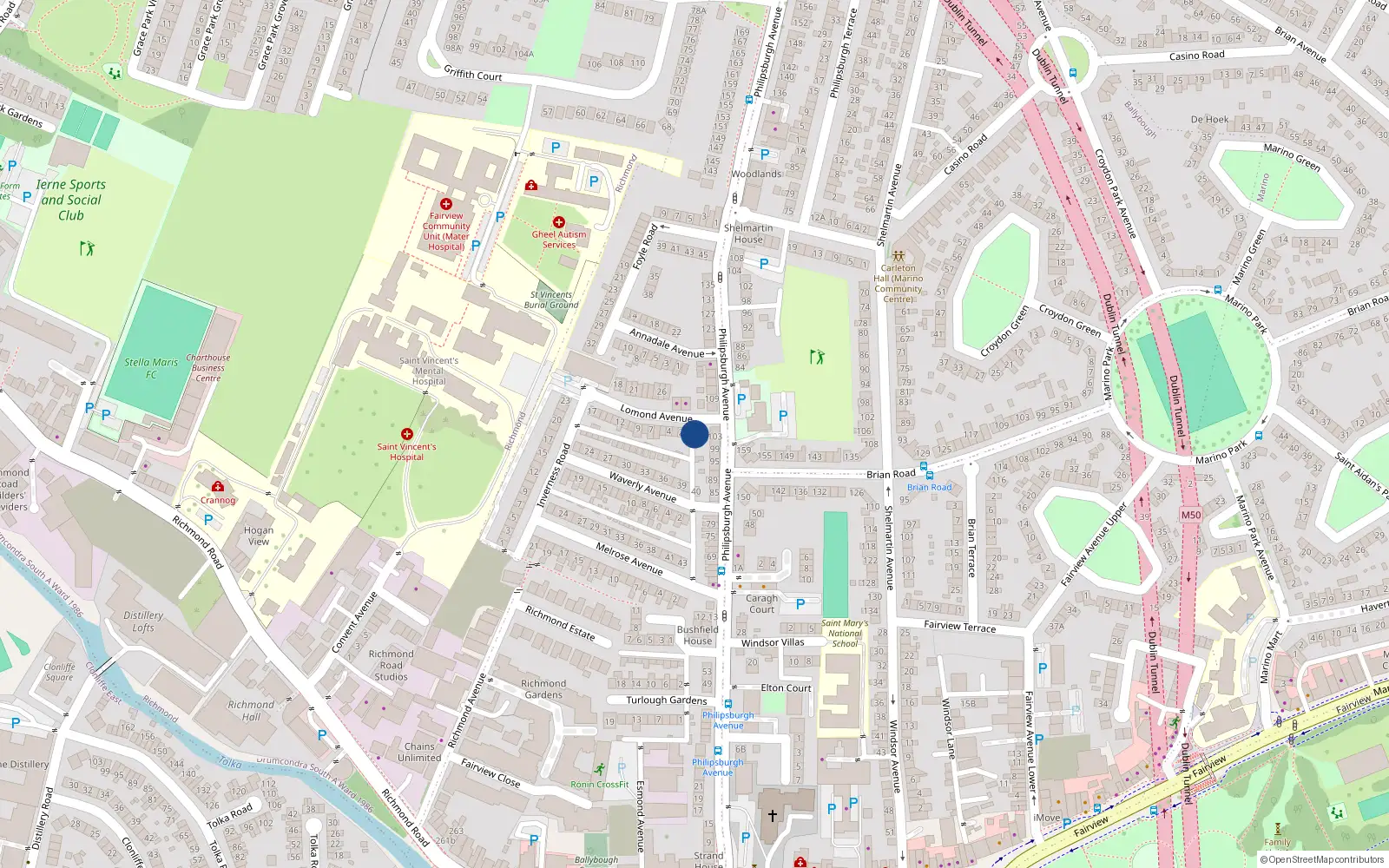 Overhead map showing the location of 1A Lomond Avenue, Fairview, Dublin 3