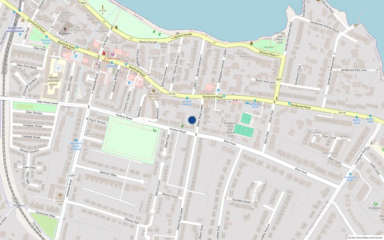 Overhead map showing the location of 1A Albert Road Lower, Dublin