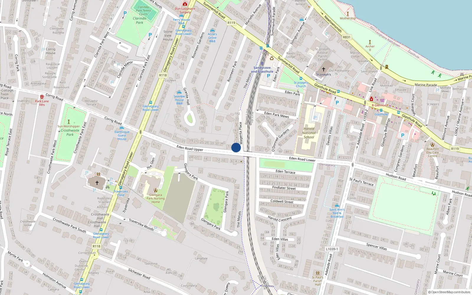 Overhead map showing the location of 1A Magenta, Eden Road, Glasthule