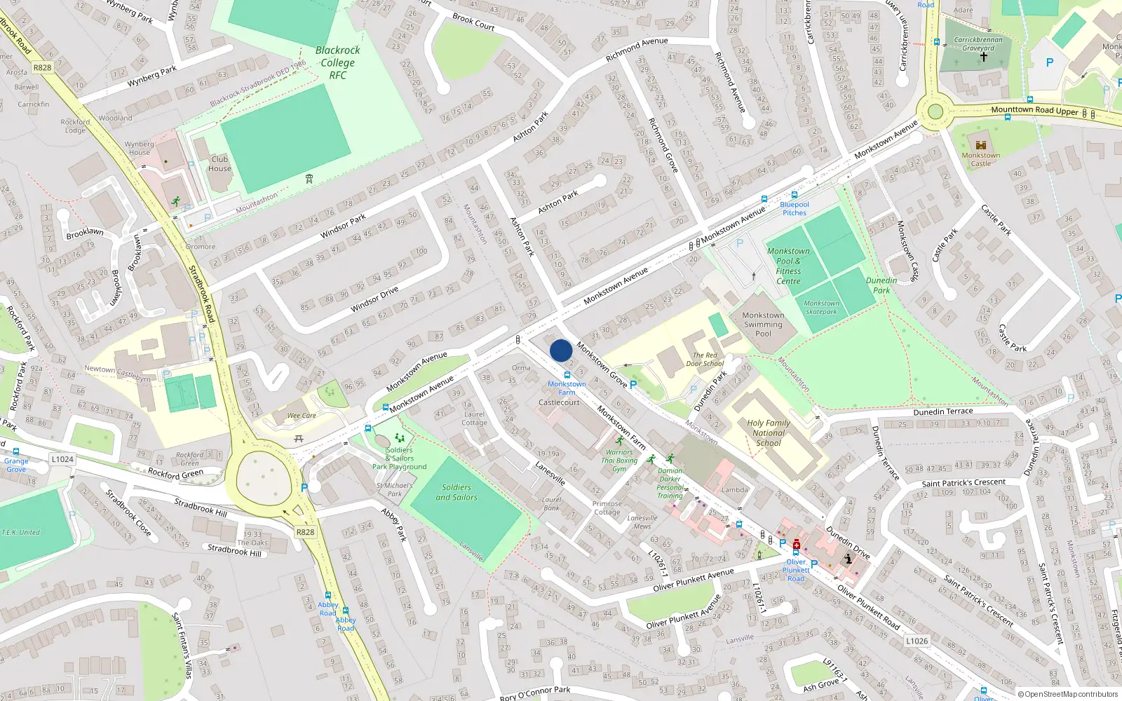 Overhead map showing the location of 1A Monkstown Grove, Blackrock