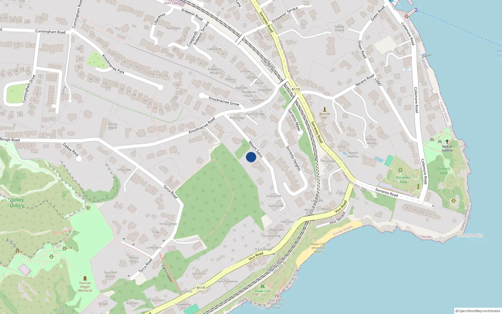 Overhead map showing the location of 1A Mount Salus Road, Dalkey, Dublin