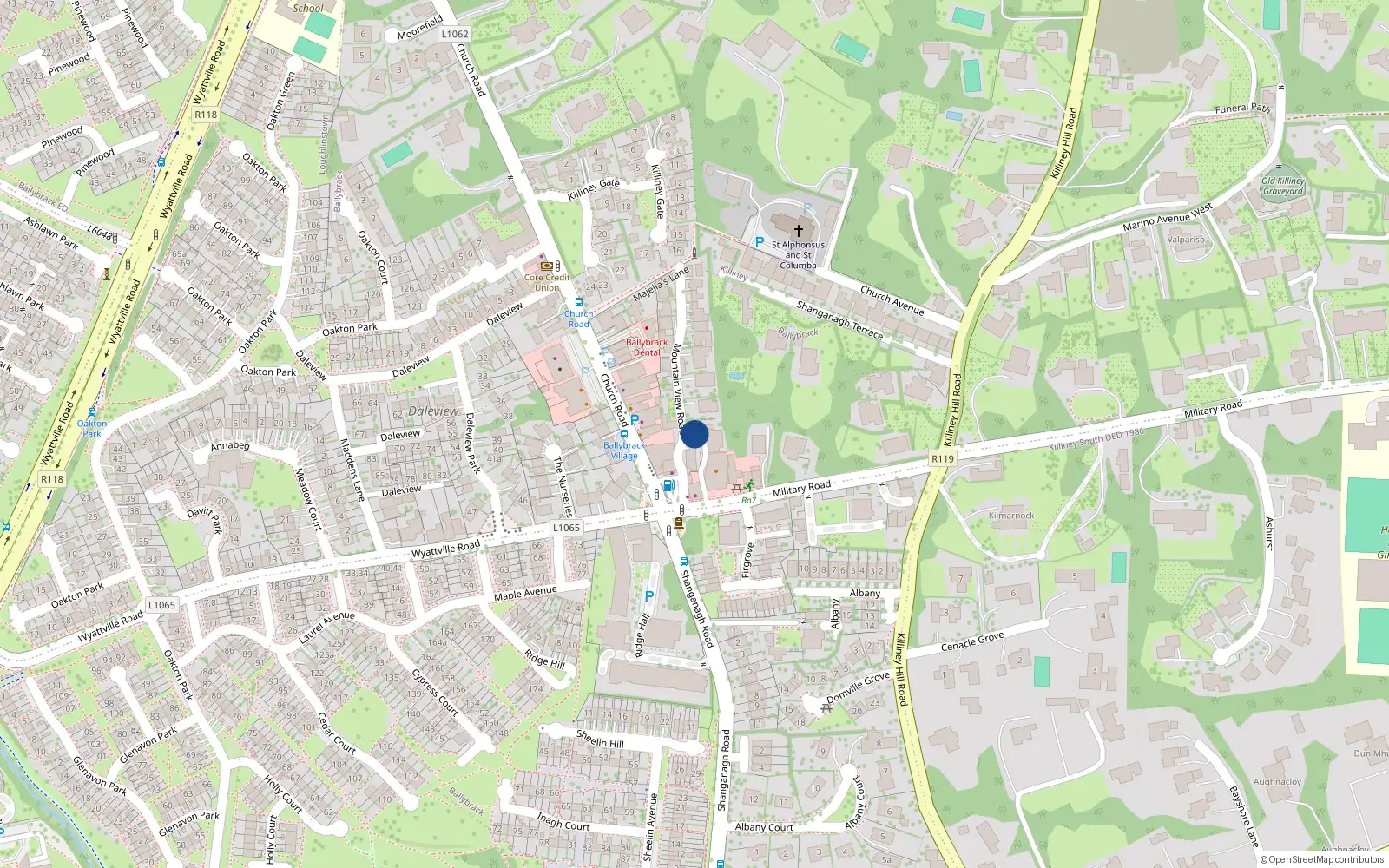 Overhead map showing the location of 1A Mountain View Road, Killiney