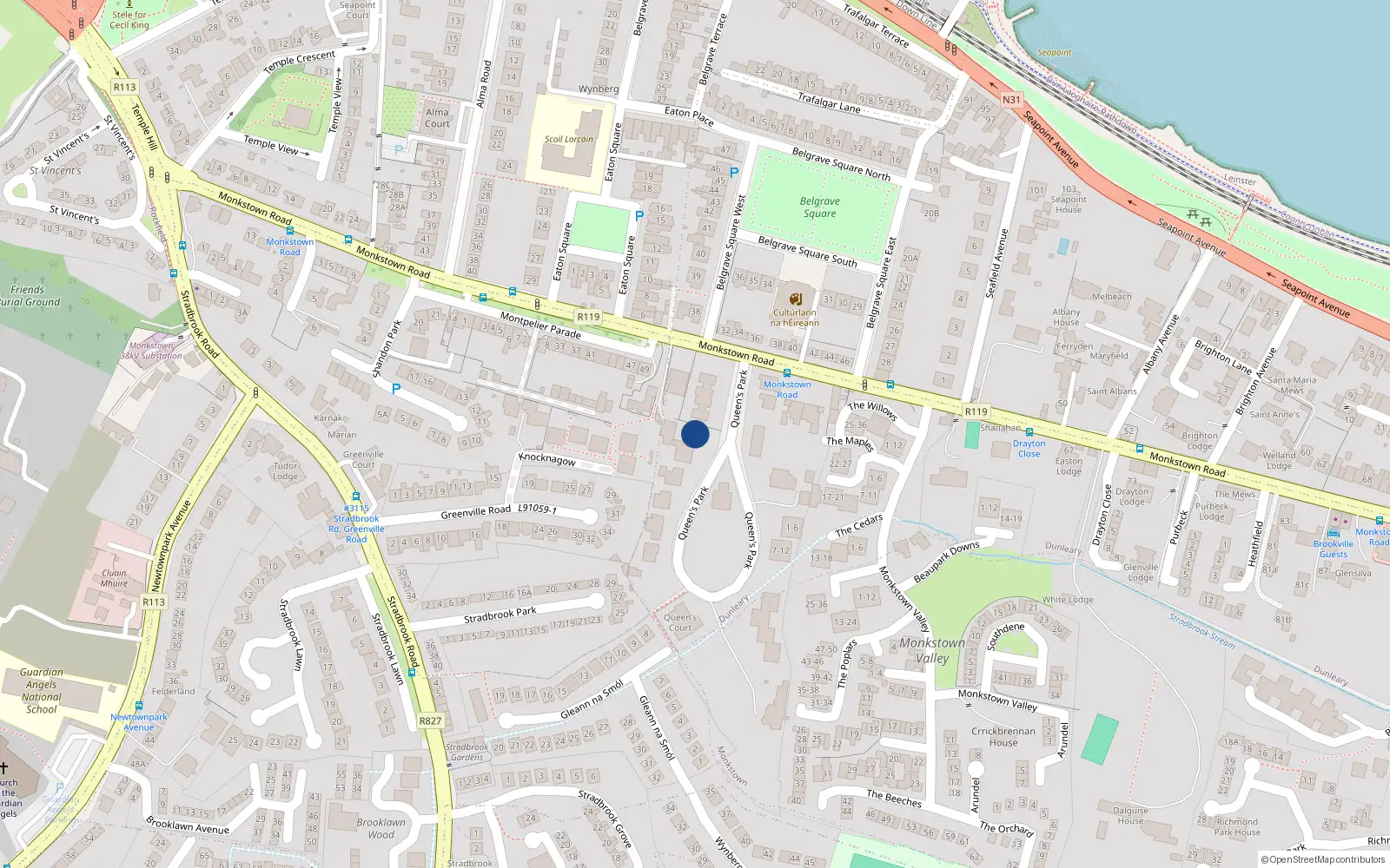 Overhead map showing the location of 1A Queen's Park, Monkstown