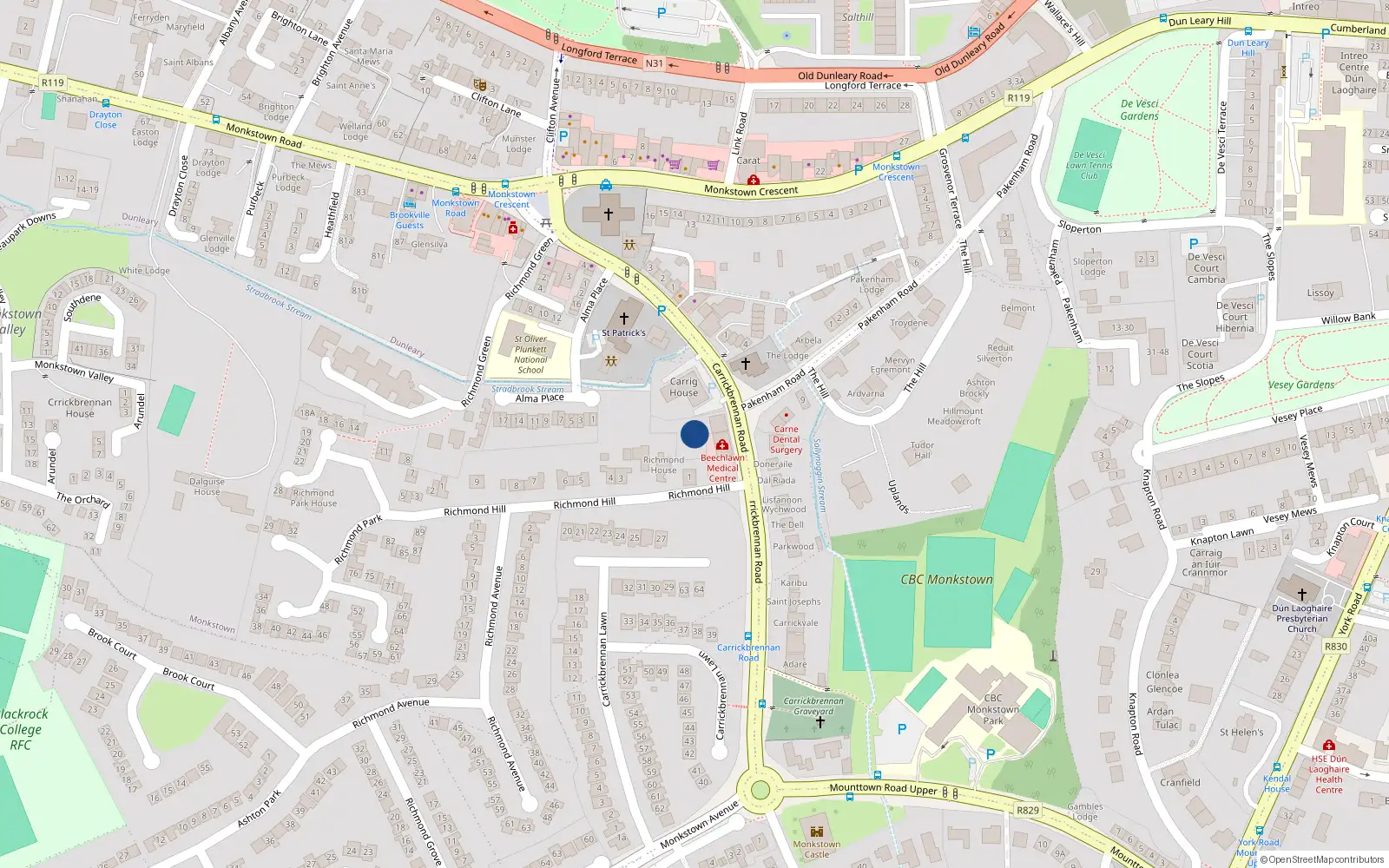 Overhead map showing the location of 1A Richmond Hill, Monkstown