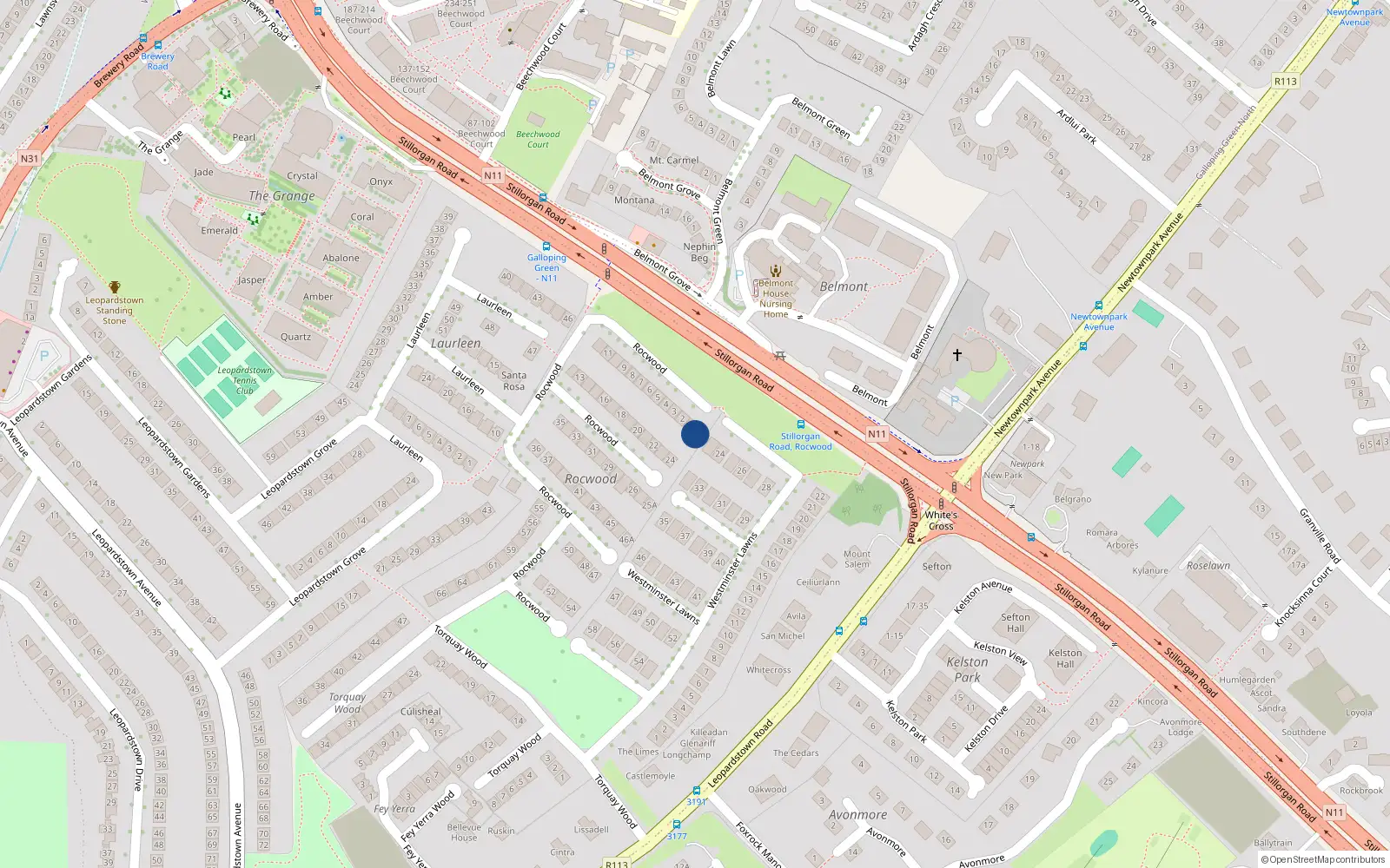 Overhead map showing the location of 1A Rocwood, Stillorgan, Dublin