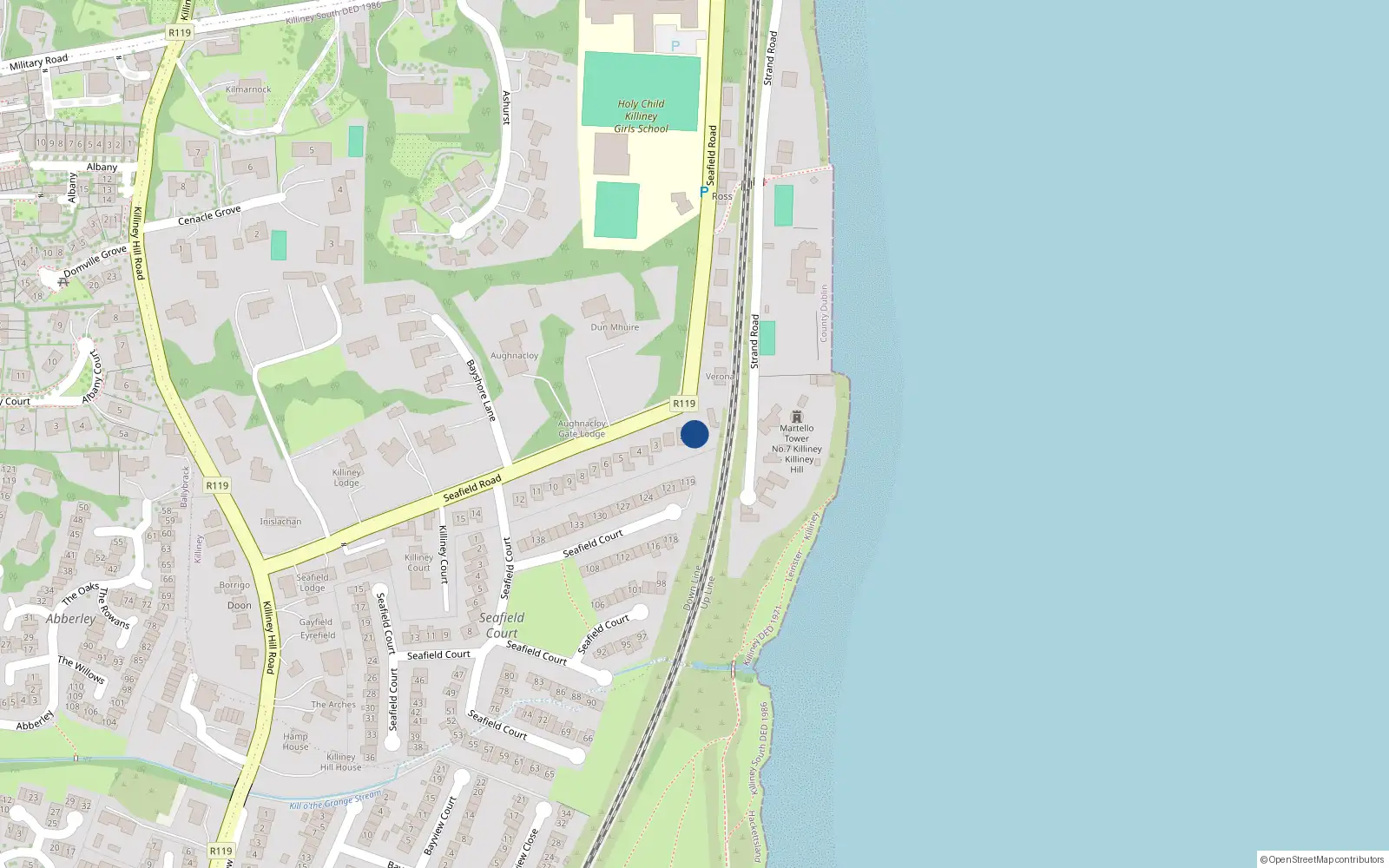 Overhead map showing the location of 1 Seafield Road, Killiney