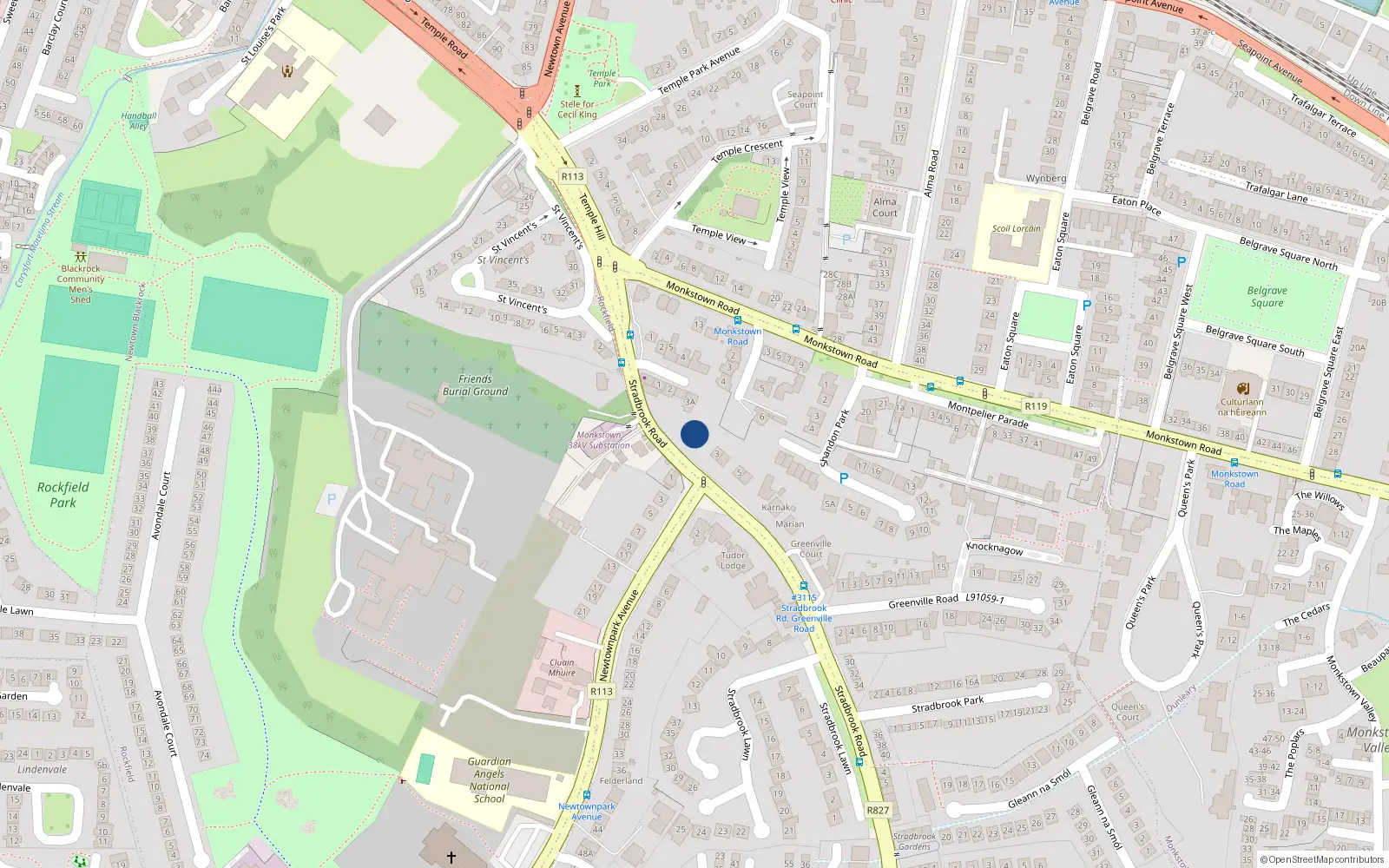 Overhead map showing the location of 1A Stradbrook Road, Montpelier