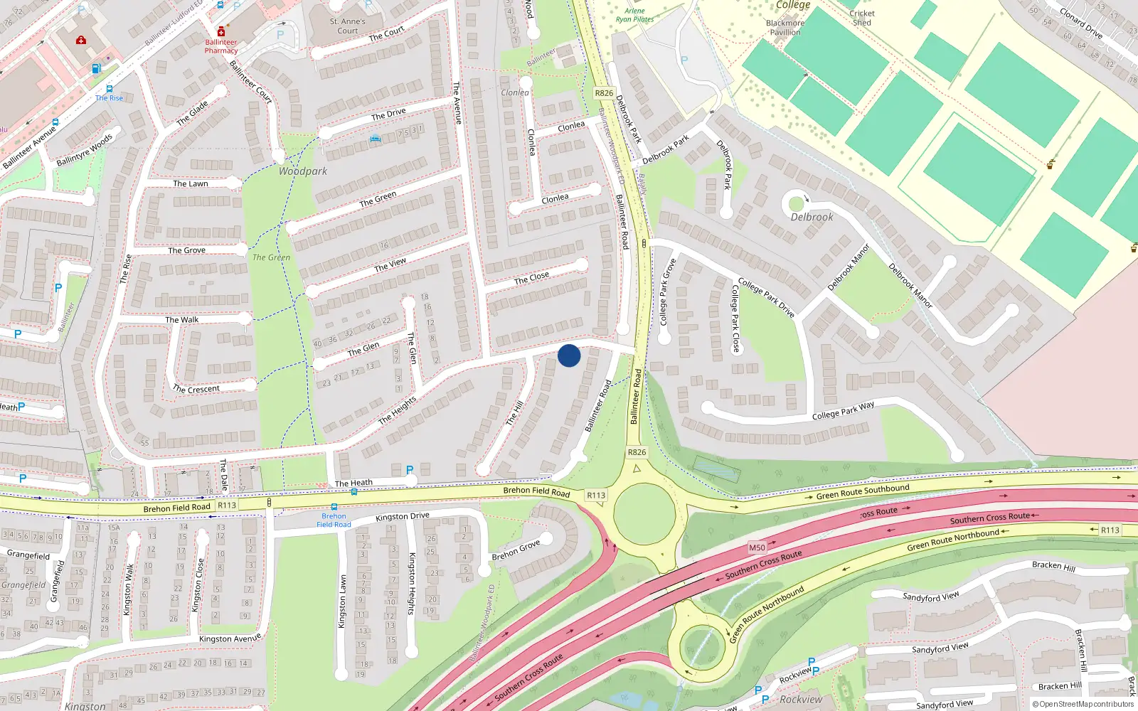 Overhead map showing the location of 1A The Hill, Dublin 16