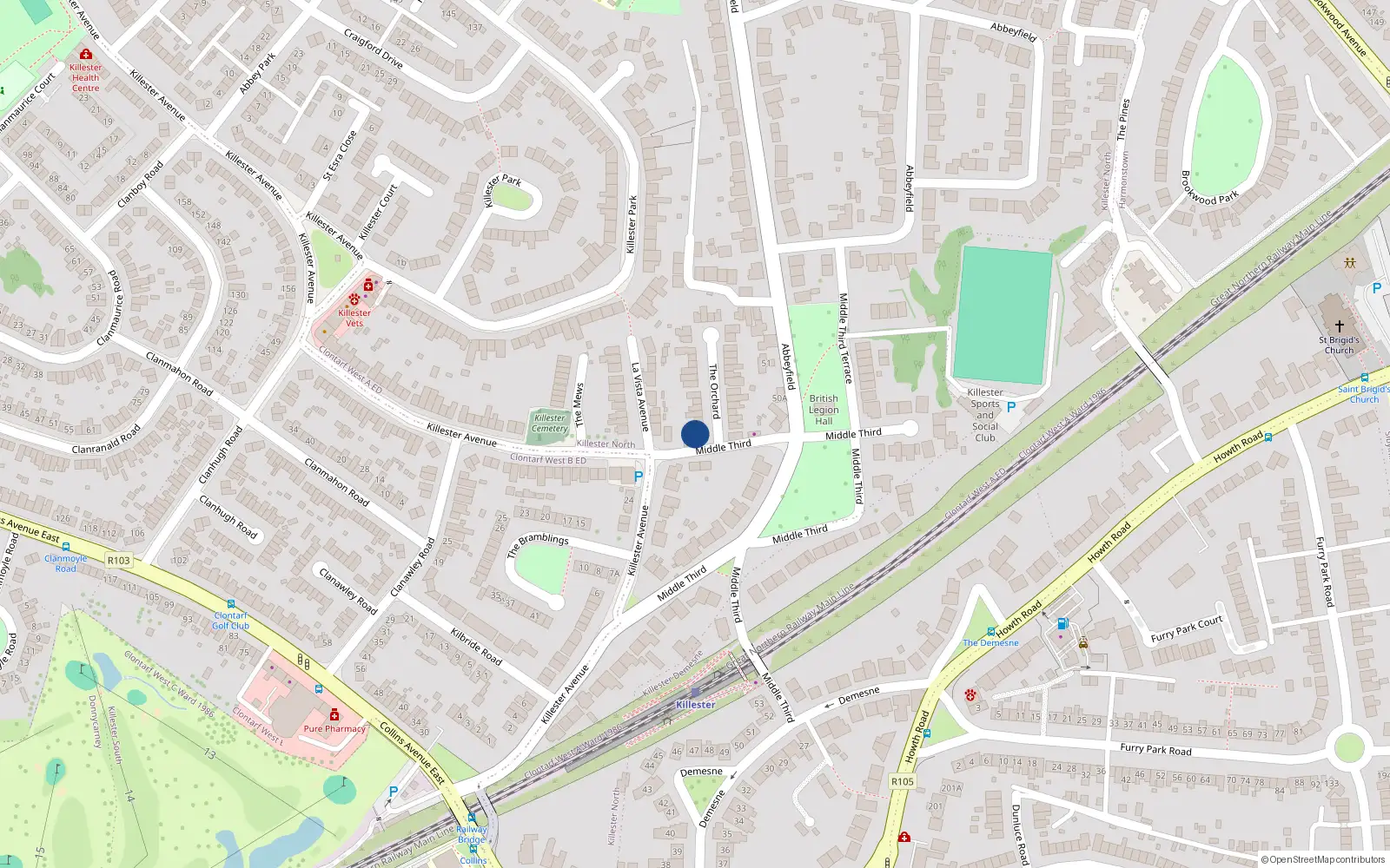 Overhead map showing the location of 1A The Orchard, Dublin 5