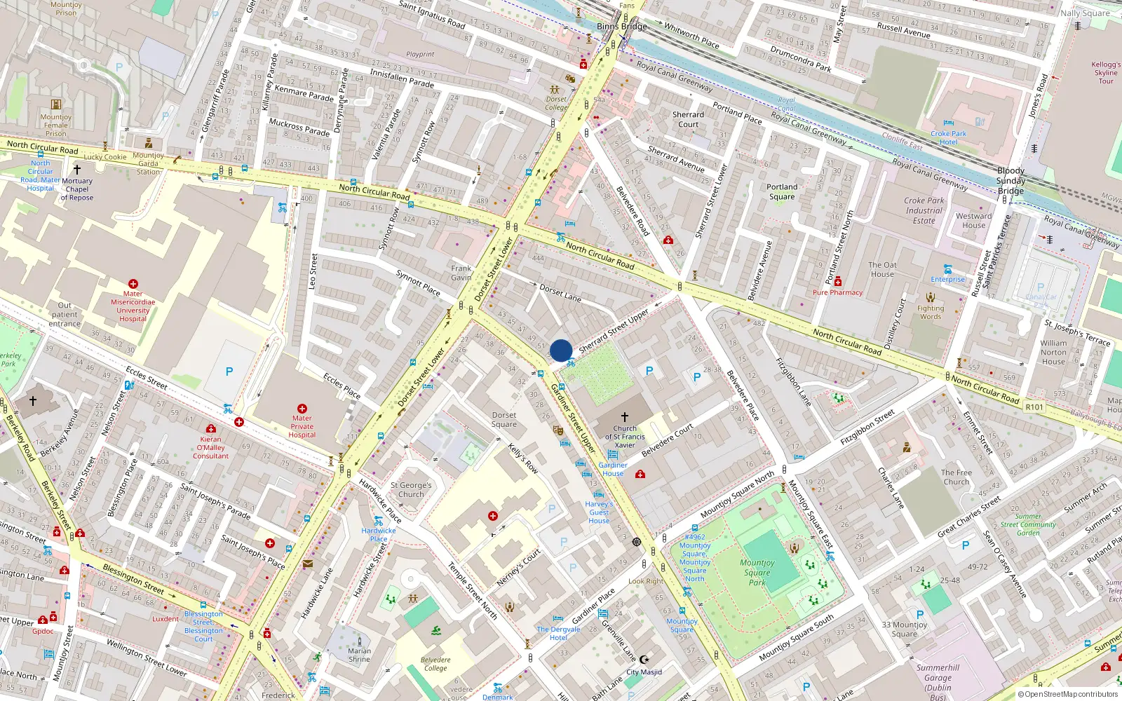 Overhead map showing the location of 1A Upper Sherrard St, Dublin 1