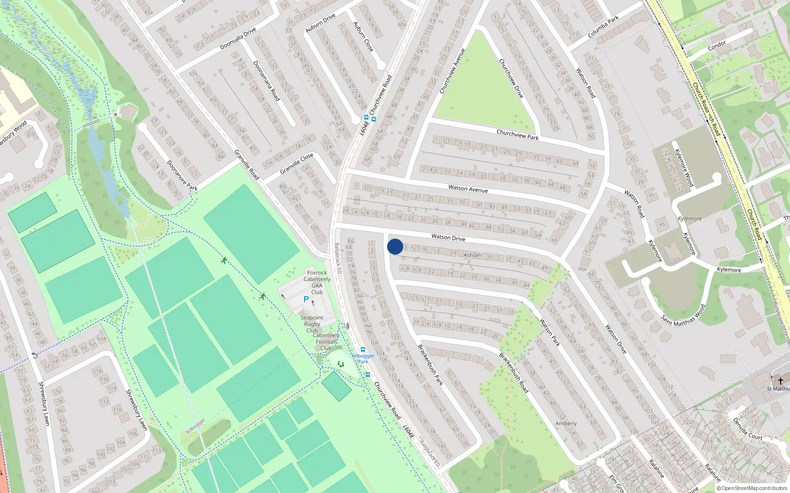 Overhead map showing the location of 1A Watson Drive, Killiney, Co Dublin