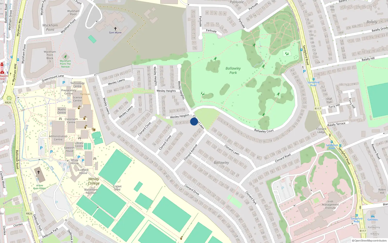 Overhead map showing the location of 1A Wesley Heights, Dublin