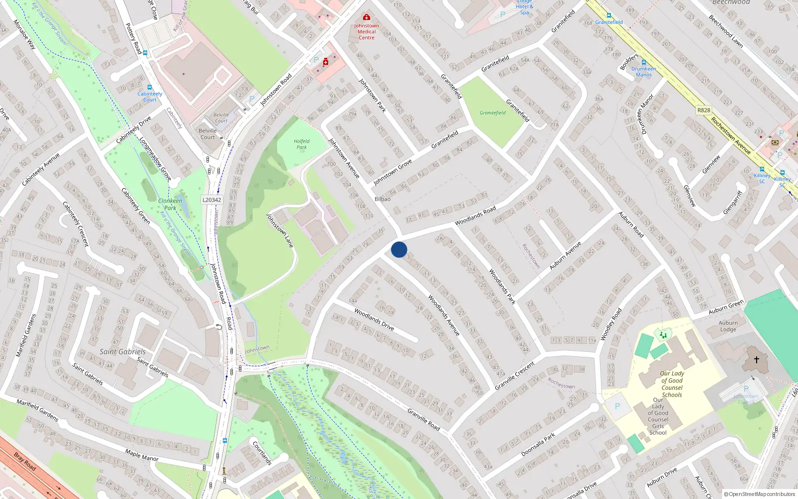 Overhead map showing the location of 1A Woodlands Avenue, Glenageary, Dublin