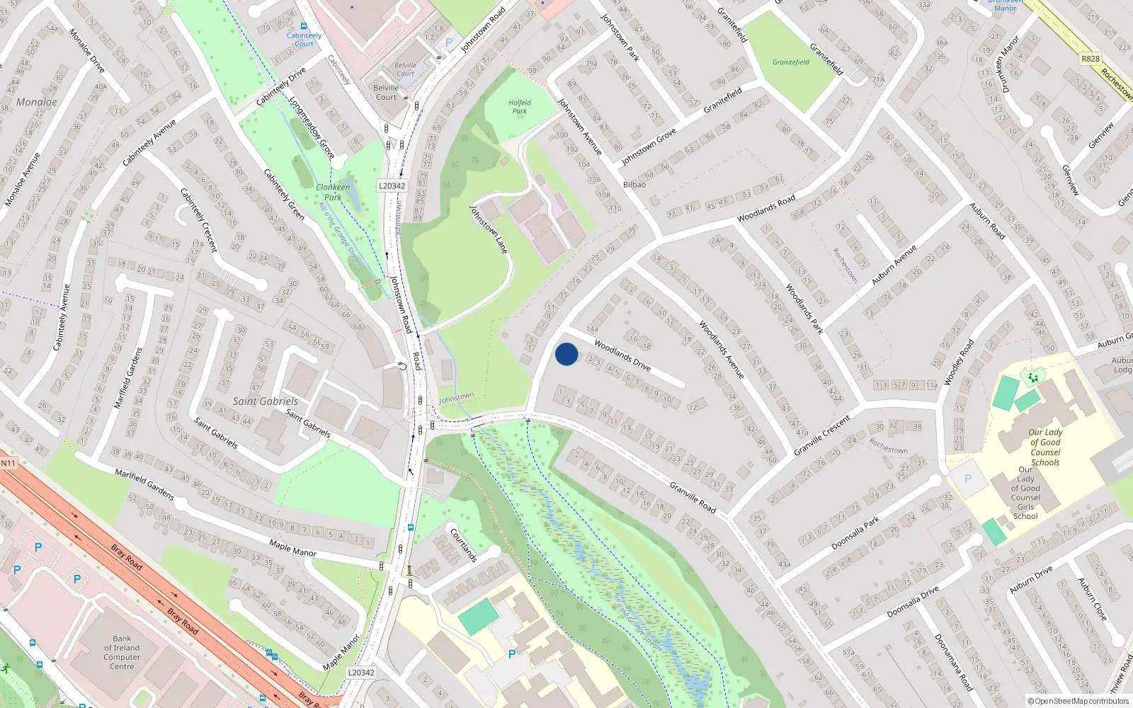 Overhead map showing the location of 1A Woodlands Drive, Dun Laoghaire, Dublin