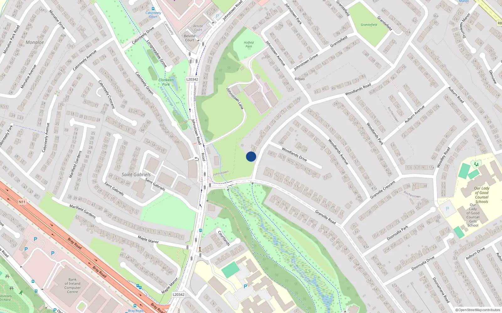 Overhead map showing the location of 1A Woodlands Road, Dun Laoghaire, Dublin