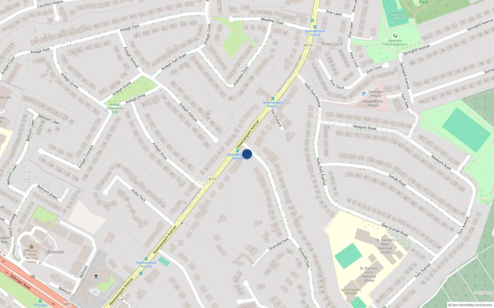 Overhead map showing the location of 1B Granville Park, Blackrock