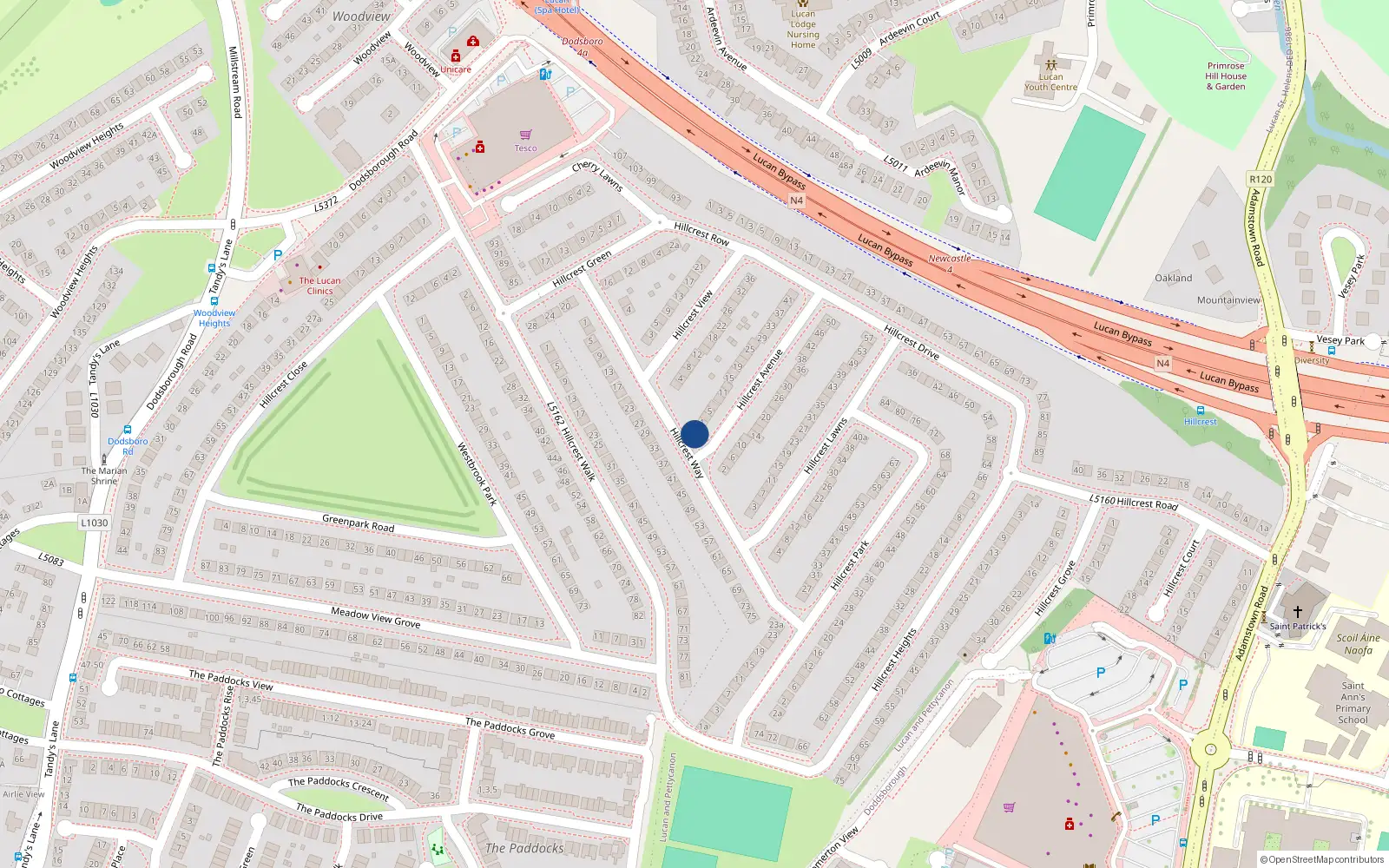 Overhead map showing the location of 1B Hillcrest Avenue, Lucan