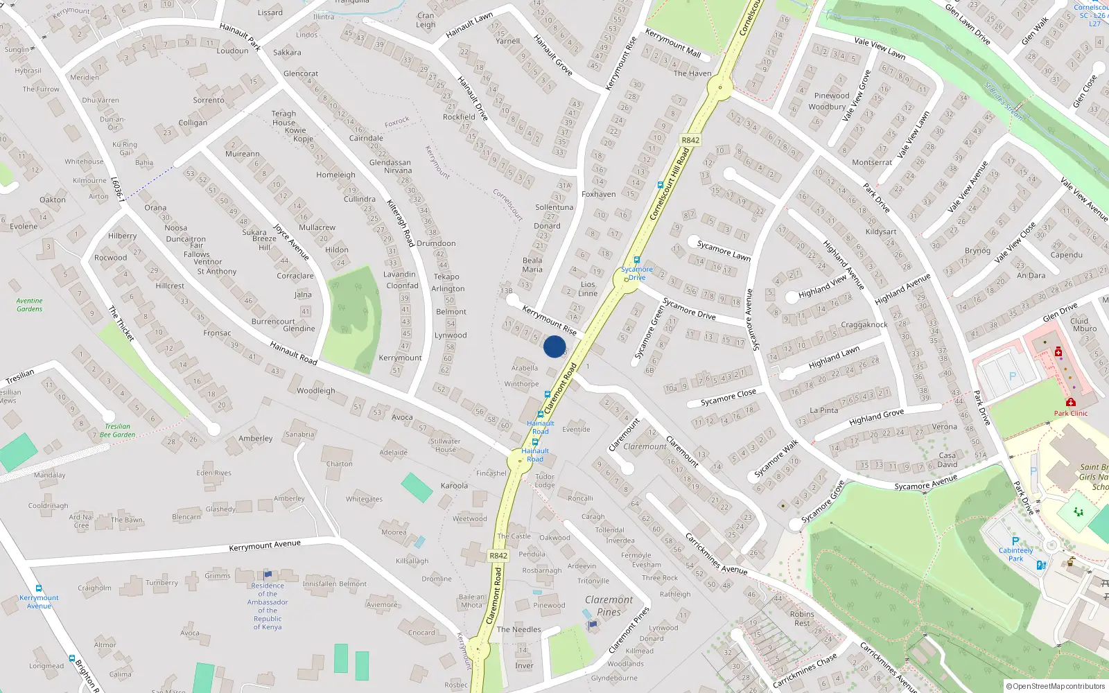 Overhead map showing the location of 1B Kerrymount Rise, Dublin 18