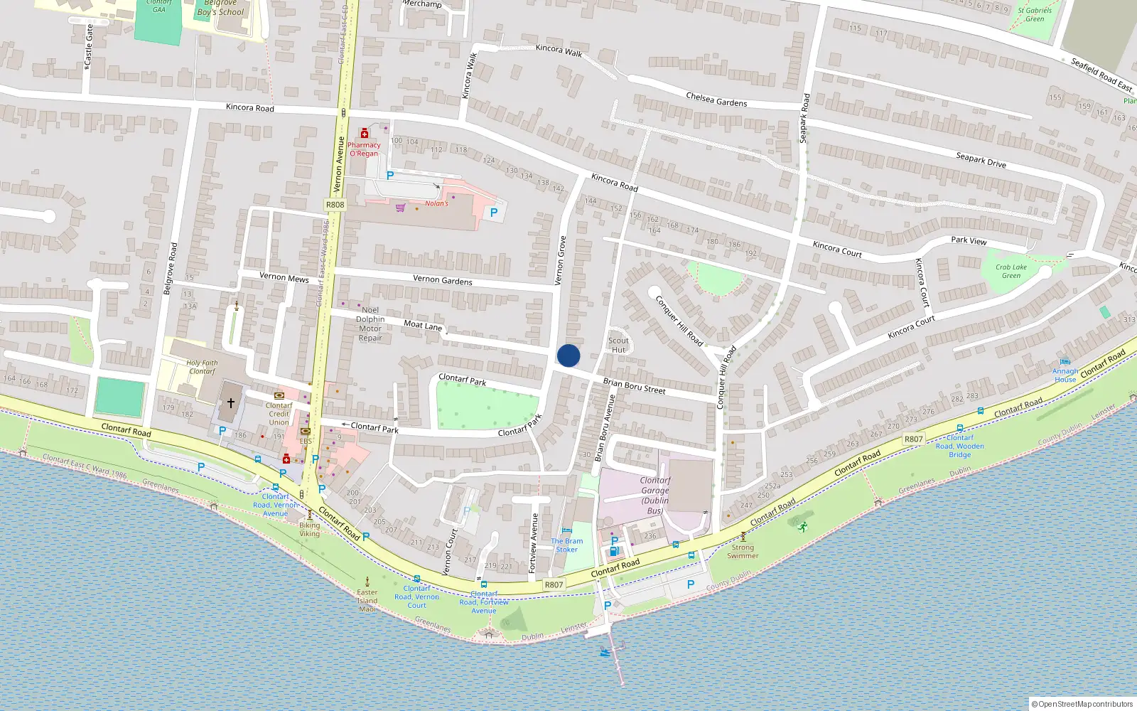Overhead map showing the location of 1B Vernon Grove, Clontarf, Dublin 3