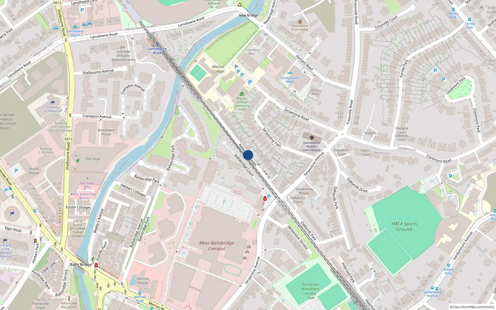 Overhead map showing the location of 1D Railway Cottages, Ballsbridge