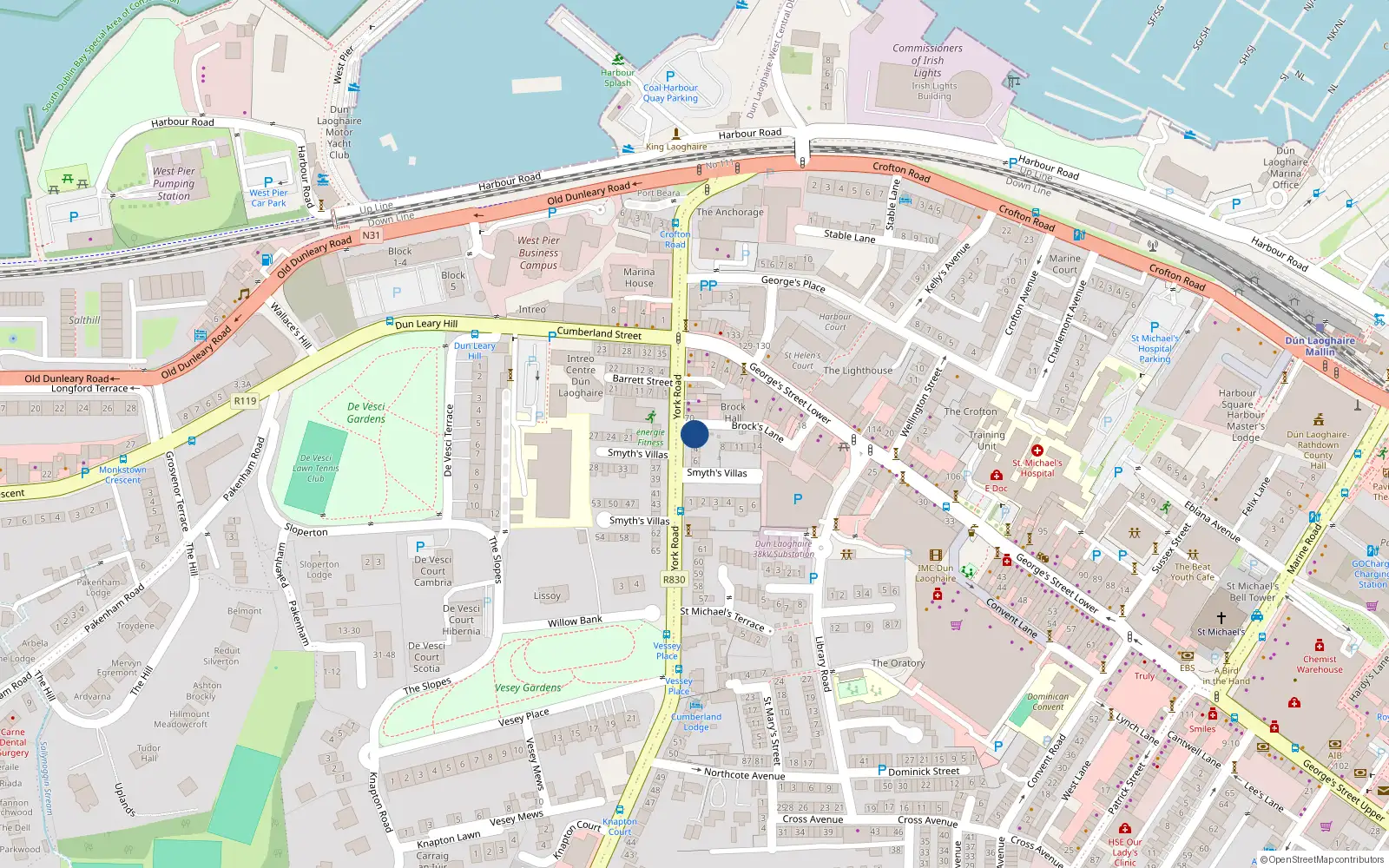 Overhead map showing the location of 1smyths Gardens, York Road, Dun Loaghaire