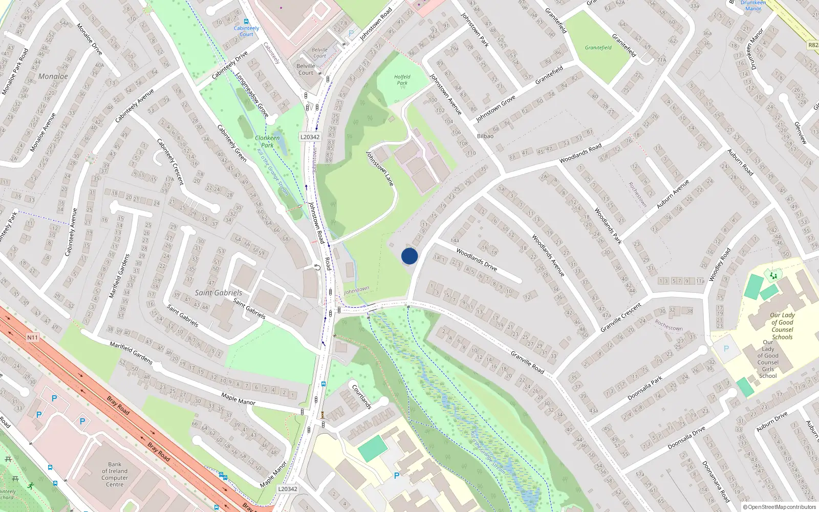 Overhead map showing the location of 1woodlands Road, Dun Laoghaire, Dublin