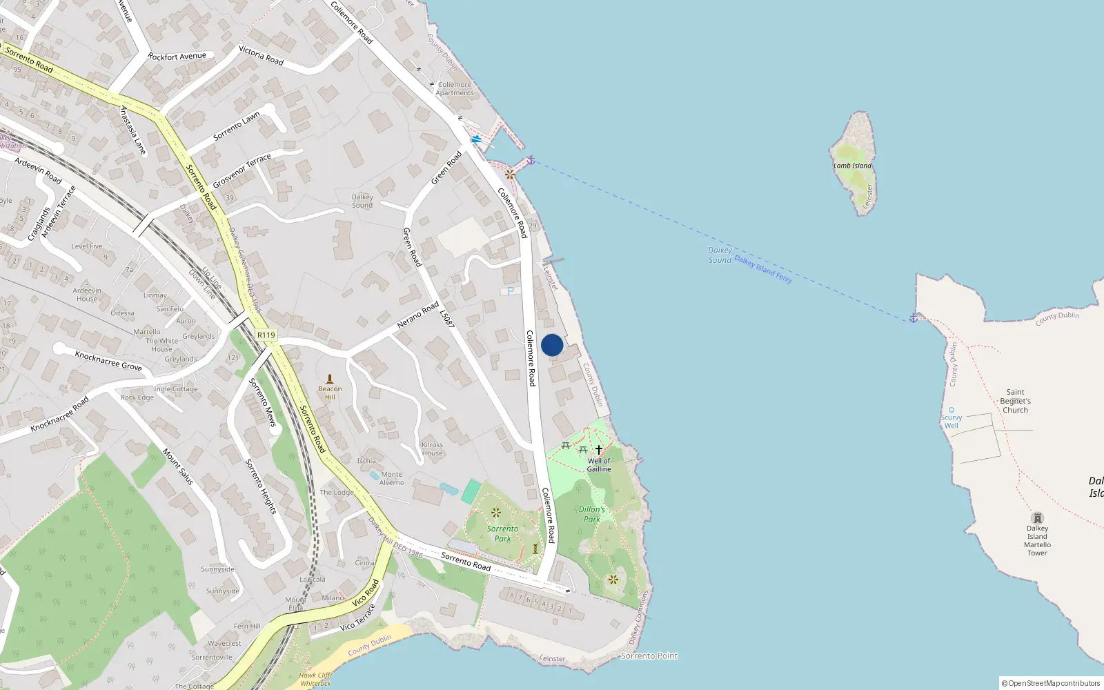Overhead map showing the location of 2 & 3 Queenstown Castle, Coliemore Road, Dalkey