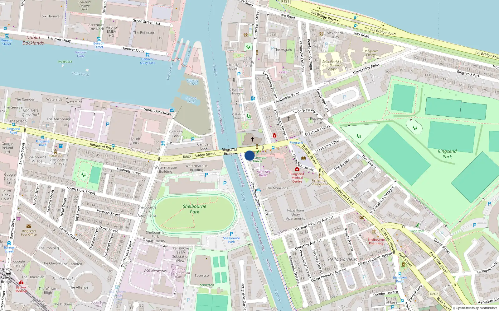 Overhead map showing the location of 2 Bridge Street, Ringsend
