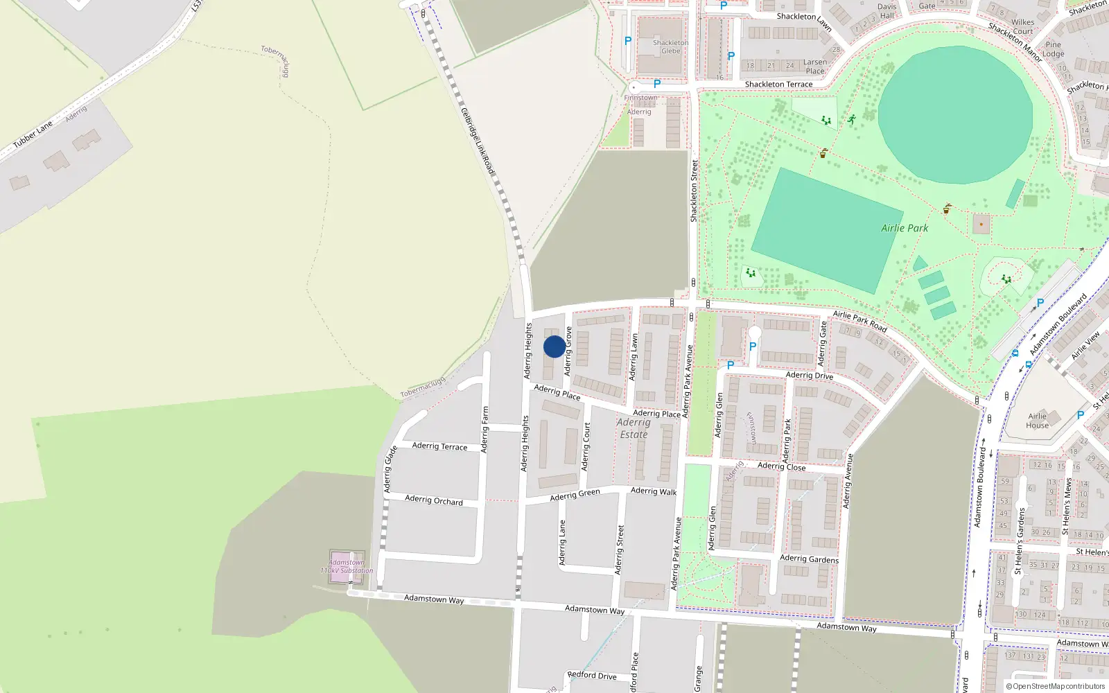 Overhead map showing the location of 2 Aderrig Grove, Adamstown, Lucan